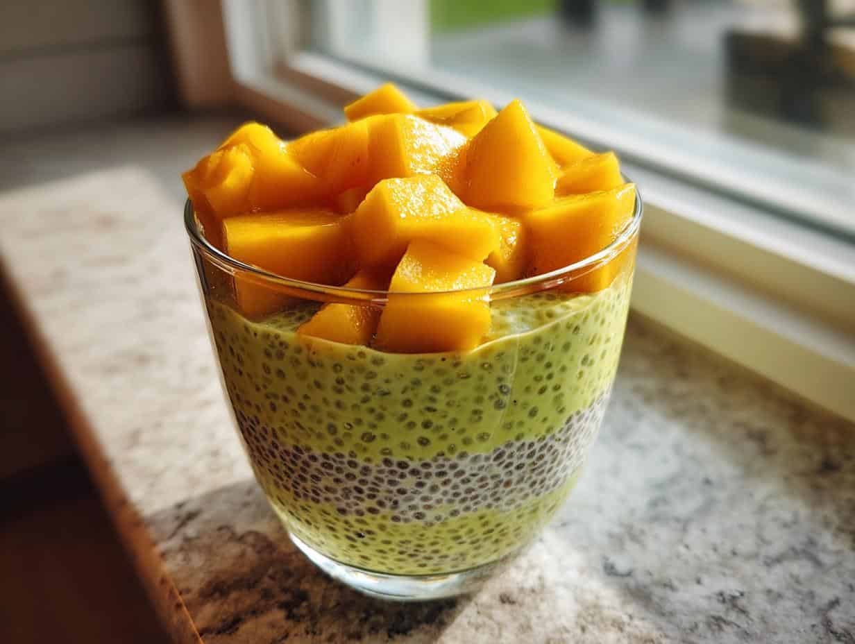 Luscious Mango Matcha Chia Pudding in 5 Minutes Prep