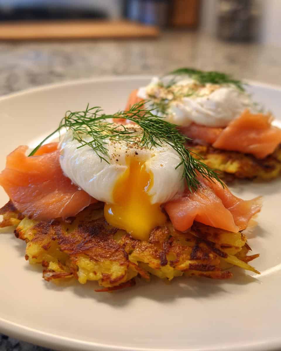 Poached eggs with smoked salmon and bubble & squeak - detail 1
