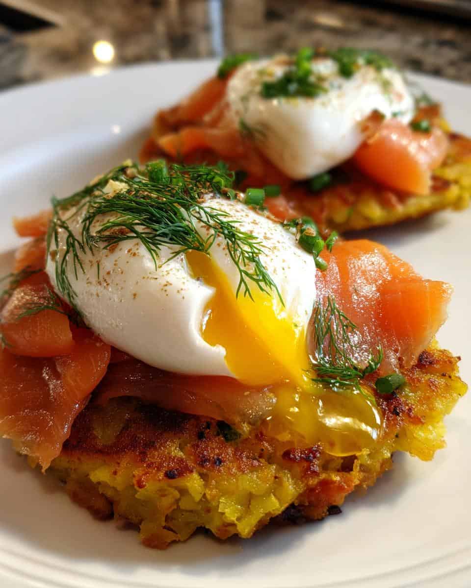 Poached eggs with smoked salmon and bubble & squeak - detail 2