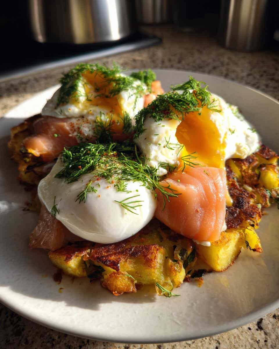 Poached eggs with smoked salmon and bubble & squeak - detail 3