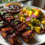 Chipotle Agrodolce Tofu Skewers with Avocado Mango Salsa